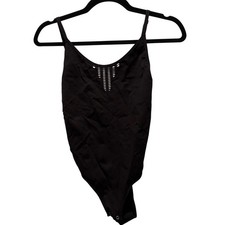 Black Seamless Laser Cut Perforated Bodice Bodysuit Adjustable Straps Large