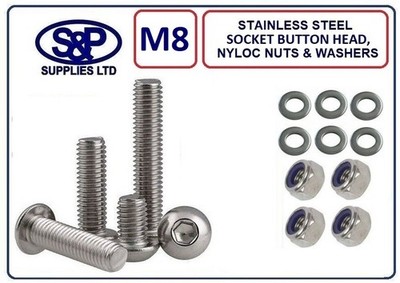 M8 EDELSTAHL SKT KNOPFKOPF MIT NYLOC MUTTER & UNTERLEGSCHEIBE 8MM-8mm GEWINDE