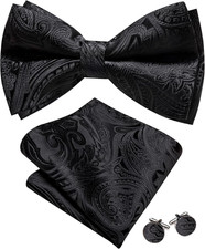 Paisley Striped Bow Tie for Men Silk Pre-Tied Bowtie Pocket Square Cufflinks Set