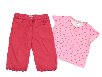 C&A 2tlg Kombi Capri Hose 3/4 Länge T-Shirt Mädchen Gr. 98 rot rosa Blumen