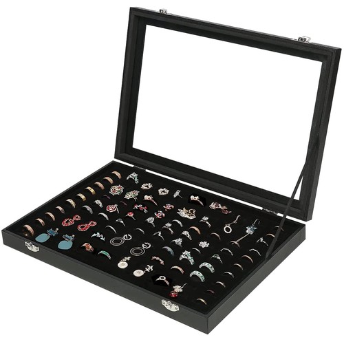 Ring Jewelry Organizer Box, 100 Slot Rings Display Storage Case Earring Showc...