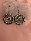 Hook Dangle Earrings Western Style Silver Tone Ring W Pink Stone
