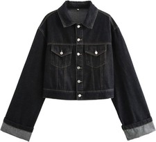 Women's Cropped Denim Jacket Button Up Long Sleeve Turn-Up Cuff