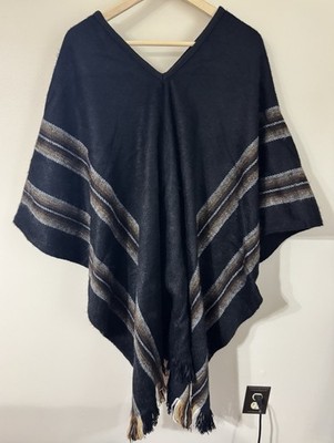 Gambo Black Striped Fringe Alpaca Wool Poncho Hippie Boho Ethnic Peru Unisex