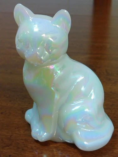 Fenton Pearlescent Opal Cat Sitting Glass Figure Paperweight