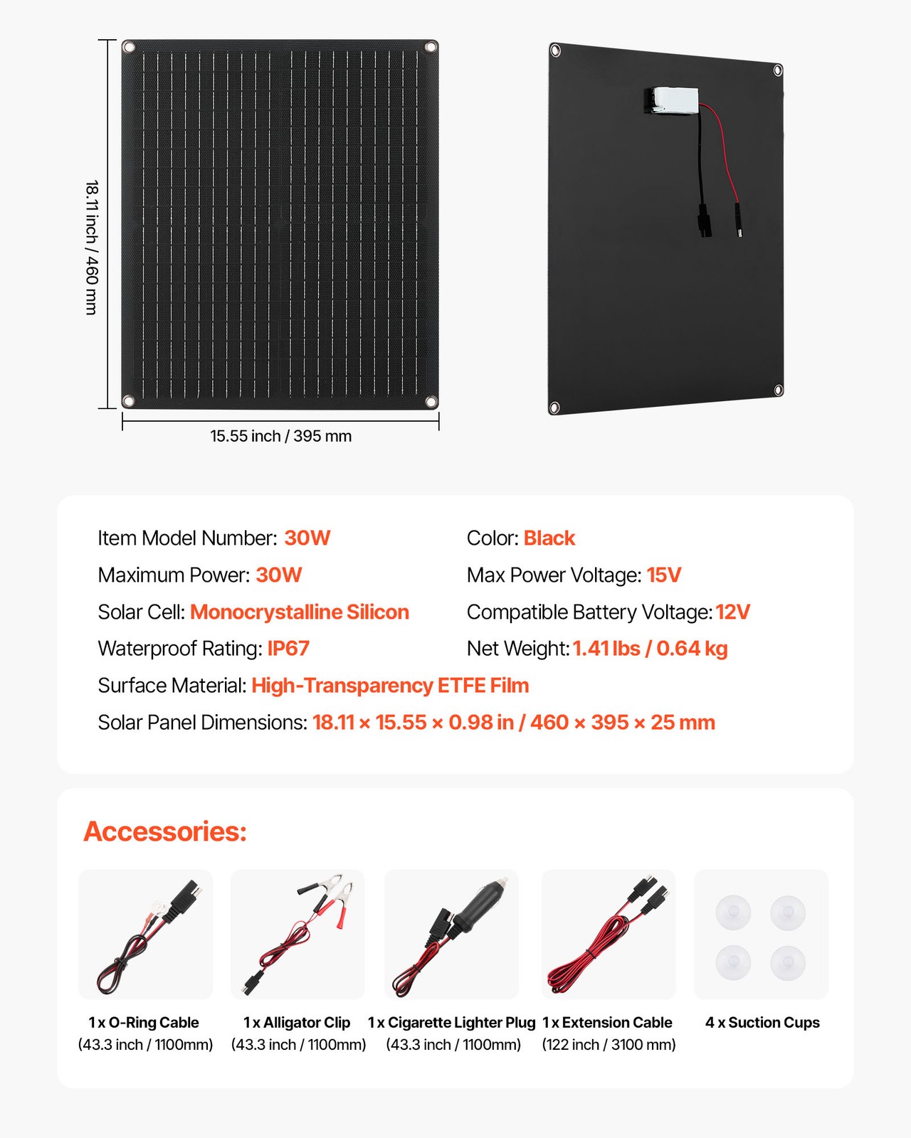 VEVOR Solar Battery Charger Maintainer 30W 12V Solar Panel Trickle Charging Kit
