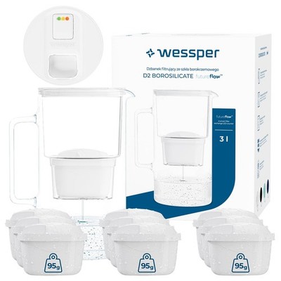 Wasserfilter Kanne Glas weiß 3L Wessper D2 BOROSILICATE FutureFlow 10 Filter