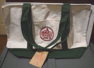 Trader Joe's Canvas Tote Large 11''x 20'' Cream Green NWT