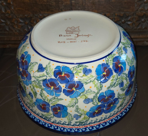 POLNISCHE KERAMIK UNIKAT FLORAL BLAU STIEFMÜTTERCHEN GROSSE SERVIER-/SALATSCHÜSSEL, SIGNIERT - Bild 5 von 6