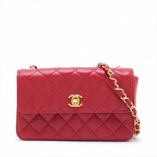 Chanel Matelasse Lambskin Single Flap Single Chain Bag Red Gold Metal Fittings