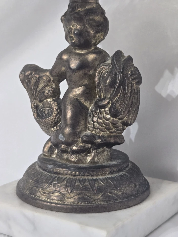 Vintage MCM Metal Cherub Riding Koi Fish Cut Glass Top Marble Base - Image 2 of 4