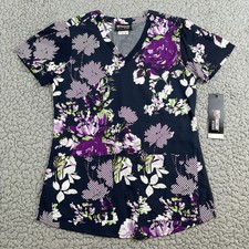 Grey  s Anatomy Scrub Top Women's XS Purple Floral Front Pocket V-Neck