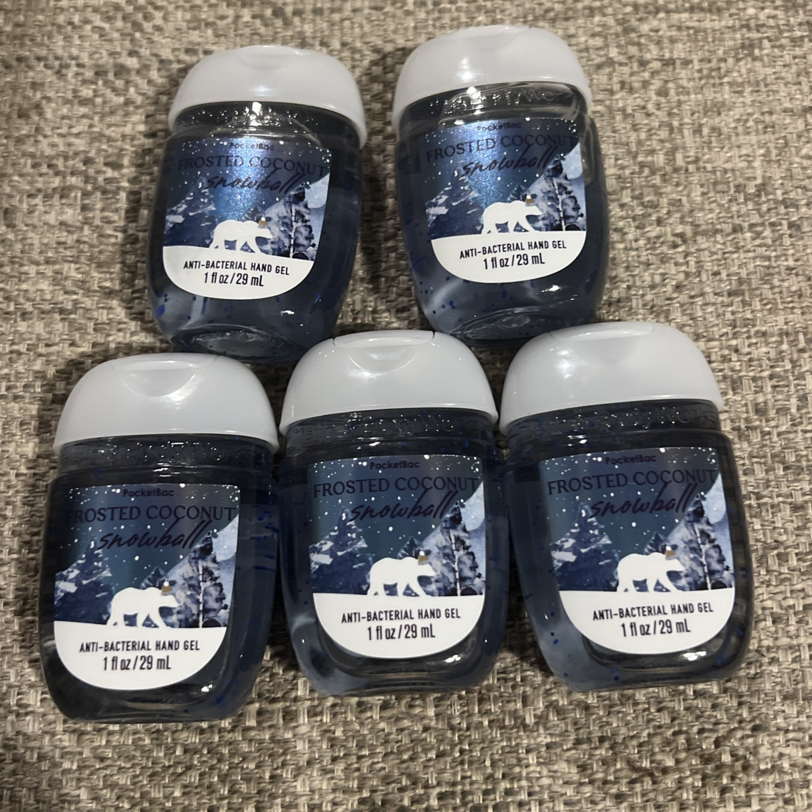 5 BATH BODY WORKS FROSTED COCONUT SNOWBALL POCKETBAC ANTI-BAC HAND GEL SANITIZER