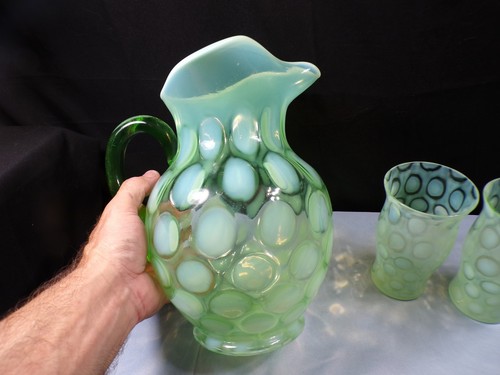 Fenton Green Opalescent Glass Coin Spot Dot Optic Water Set Pitcher 2 Tumblers - Picture 5 of 15