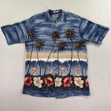 VTG Campia Moda Shirt Mens L Hawaiian Pin Up Hula Girls Palm Tree Floral Rayon