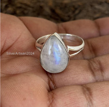 Pear Rainbow Moonstone Ring: Sterling Silver Boho Gemstone JewelryAll Size