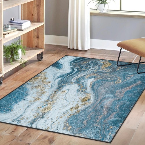 Area Rug, Washable and Non-Slip 3'x5' Marble Blue Golden Gold Earth Merry Chr... - Picture 6 of 7