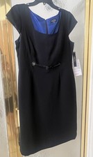 NWT Tahari Arthur S. Levine Black Leather Belted Dress With Blue Lining Size 12