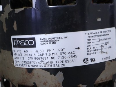 FASCO 7126-2545 Furnace Blower Motor 8067621 115V 1PH 1/3HP