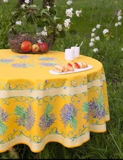 French Provencal 100% Cotton Tablecloth Lavender Yellow Purple Round 71"