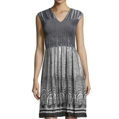Max Studio Metallic Silver Grey Pleated Stretchy Fit Flare Dress