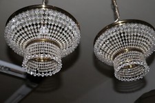 PAAR ANTIKE BÖHMISCHE KRISTALL-LEUCHTER GOLD MESSING UM 1950