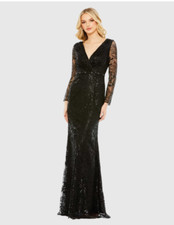 MAC DUGGAL 68016 EMBELLISHED WRAP OVER LONG SLEEVE BLACK  GOWN sz 12