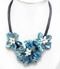 Blue Baroque Shell Flower Pearl Pendant Necklace for Women Rope 18'' Chokers