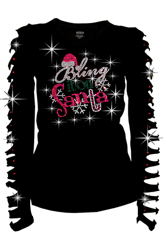 Bling Bling Rhinestone T-Shirt,Christmas Bring it on Santa Ripped Cut Out S~4XL - Picture 1 of 2