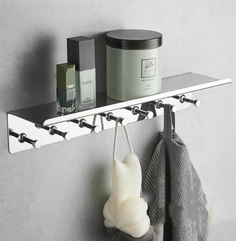 Stainless Steel304 Chrome Shower Storage Rack Bathroom Shelves with Seven  Hooks