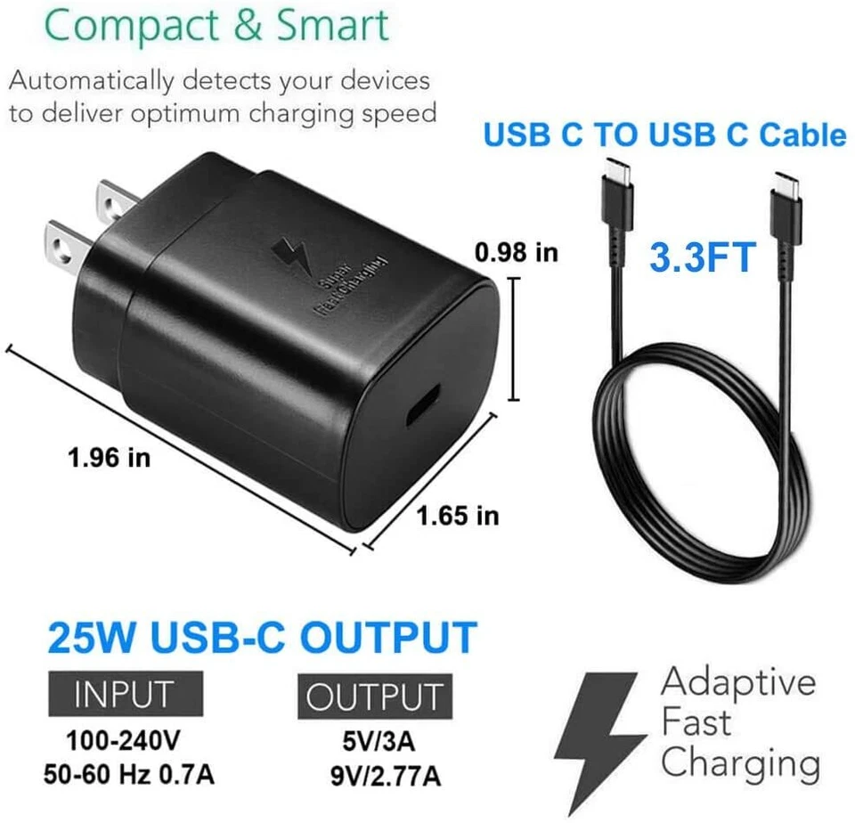 Cargador rápido USB C 25W enchufe de pared adaptador de corriente cable USB C para Android Samsung Foto 4 de 4