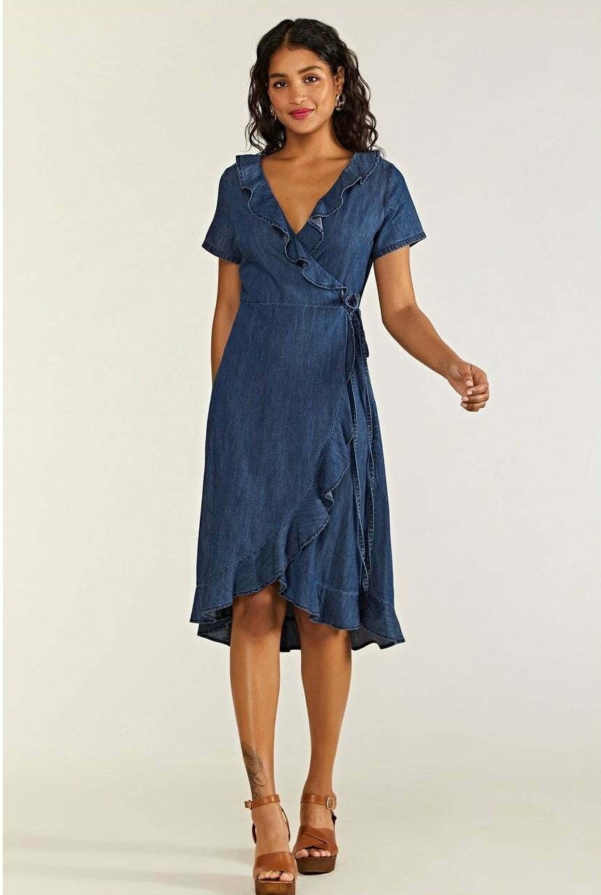 YUMI Ruffle Wrap Self Tie Cotton Denim Dress Size 12 Uk BNWT RRP £53.95 Blue eBay