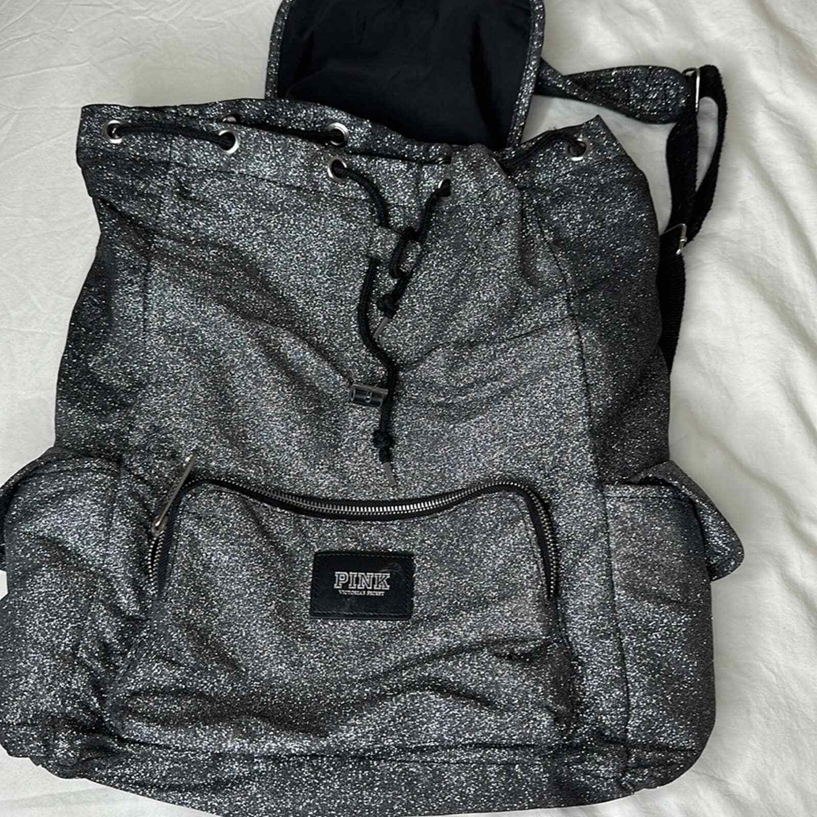 Victoria’s Secret PINK Glitter Silver Backpack Drawstring Bookbag RARE