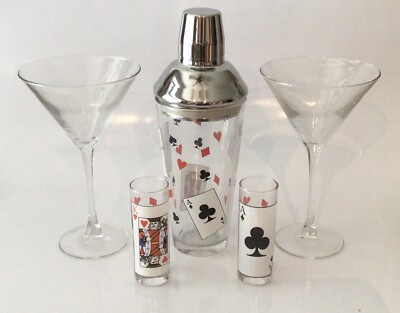 Vintage Luminarc Card Party 5 Piece Cocktail Set Shaker Martini Glasses Shooters