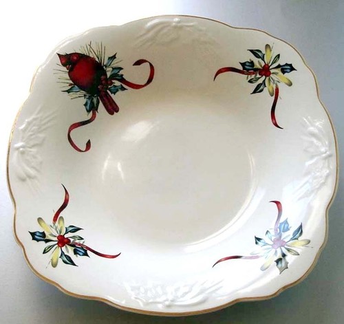 Lenox Winter Greetings Carved Low Bowl Square 10.75" Cardinal Scalloped Edge New - Picture 2 of 3