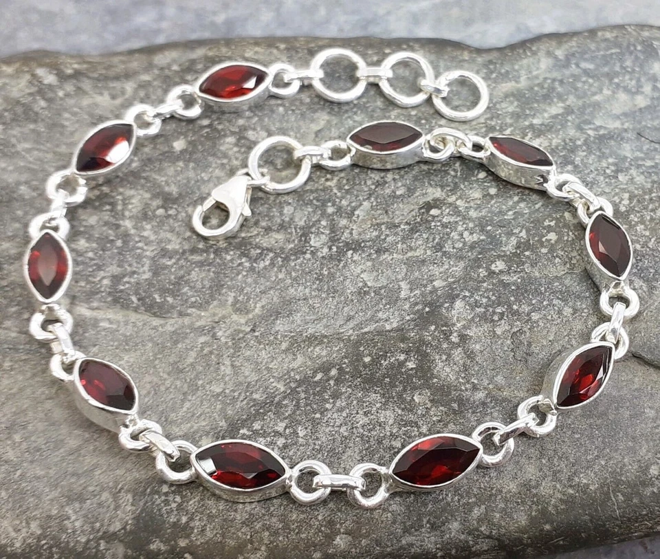 Pulseras de mujer hechas a mano con broche de langosta de plata esterlina 925 granate natural P#130 Foto 3 de 3