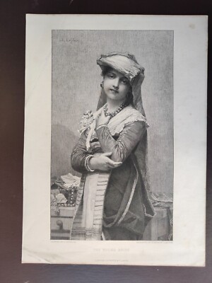  ANTIKER ORIGINAL S/W GRAVUR - DIE JUNGE BRAUT -1870 CA