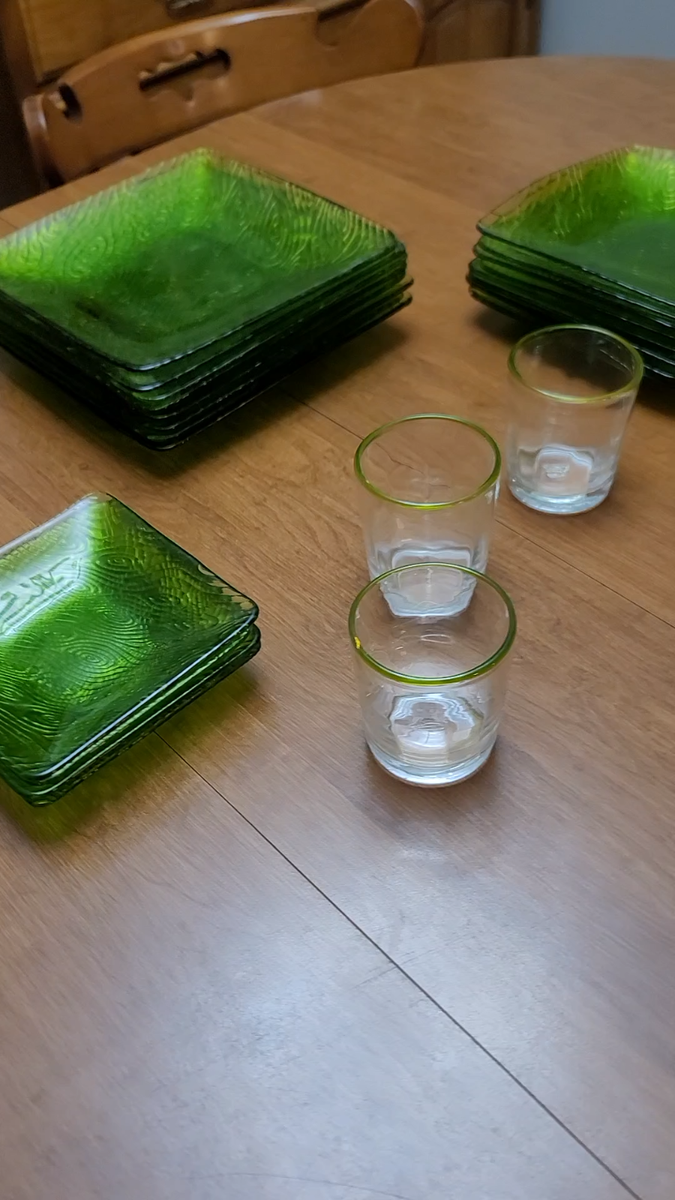 Rare Vintage Green Art Glass Square Plates with Swirls Ripples and