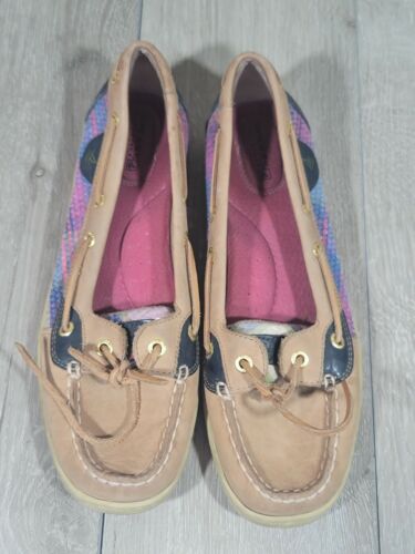 LNWO W's 9M SPERRY TOP-SIDER TAN LEA NAVY PASTEL LAME BOAT DECK SHOES FLATS - Picture 2 of 9