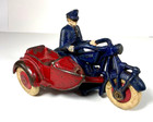 1930s CHAMPION CAST IRON RED & BLUE MOTORCYCLE & SIDECAR 6"