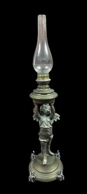 Antique Lumière À Pétrole Putto XIX Siècle Antimoine Laiton Verre - Photo 1/4