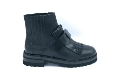Elvio Zanon I6801 Stivaletto Élastique En Cuir Noir À Franges Semelle Caoutchouc - Photo 1/3