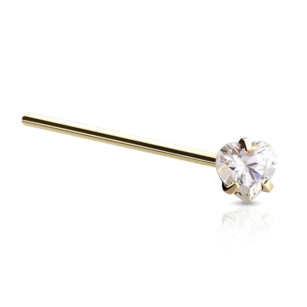 Heart Nose Stud 19mm Fishtail 3mm Heart Clear CZ Stone Surgical Steel Gold Pin