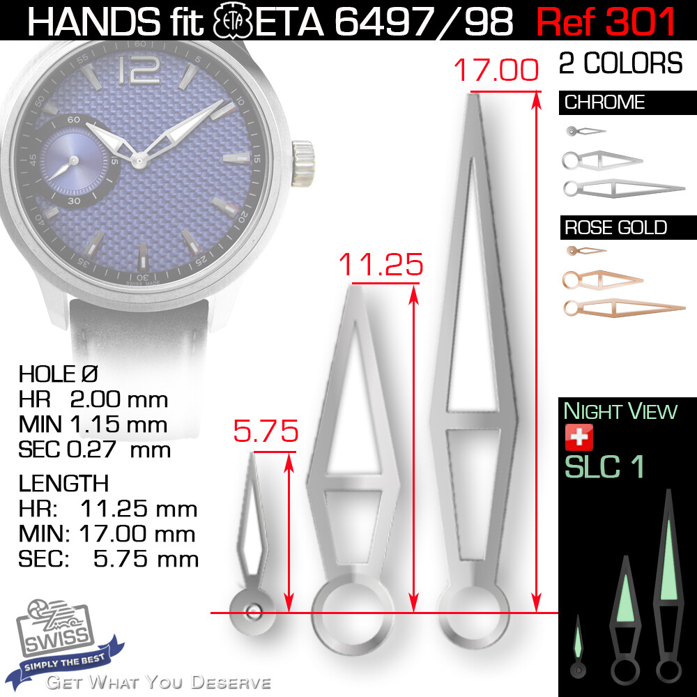 Watch Hands Set For ETA Unitas 6497/6498 Movements - Aero With Propeller Second Hand, Swiss Made
