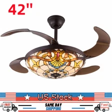 Tiffany Ceiling Fan with Light Glass Shade LED Retractable Chandelier Stained