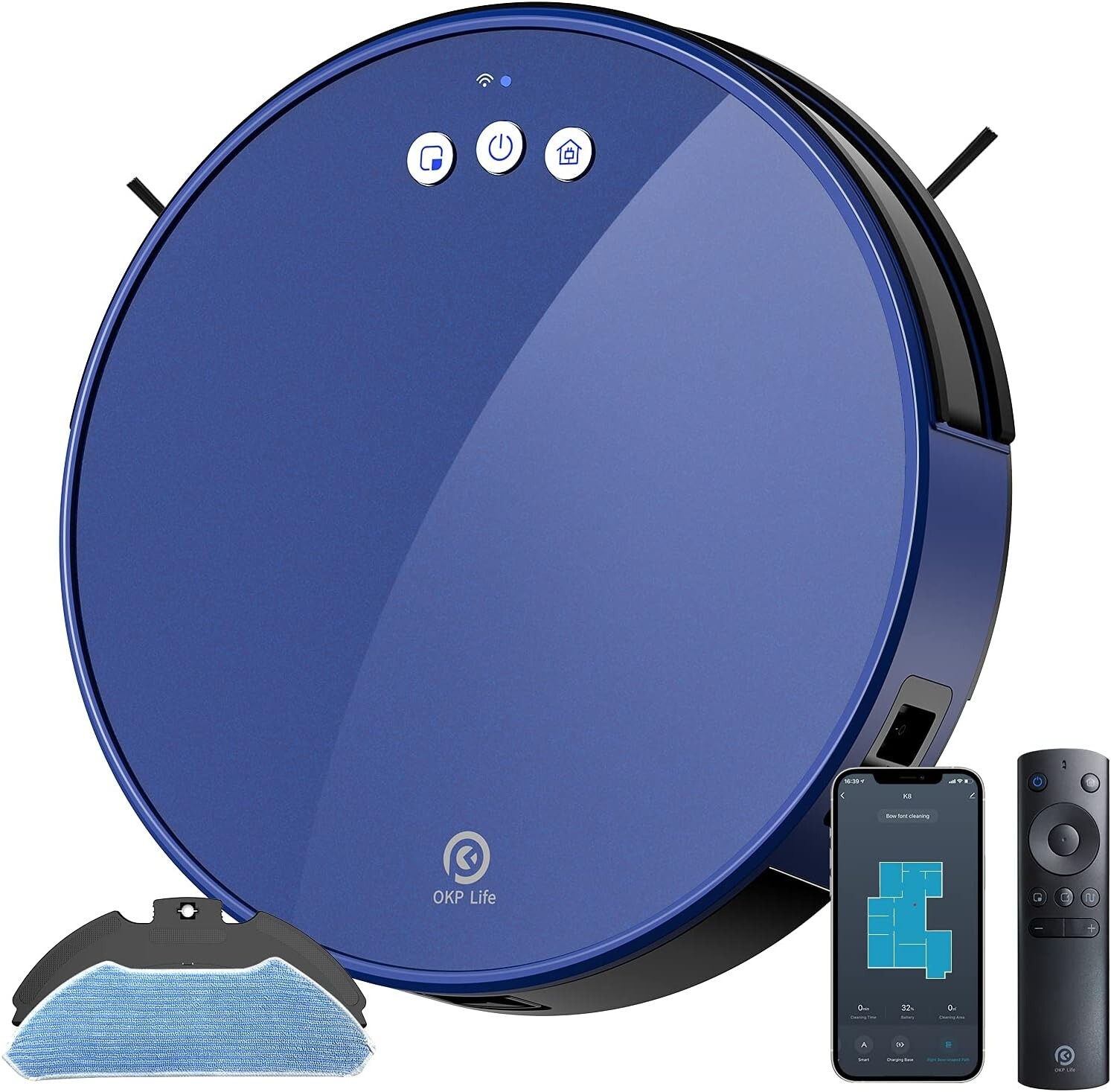 Aspirateur robot laveur OKP K7 élimine les poils d'animaux sur tapis et parquets Wifi