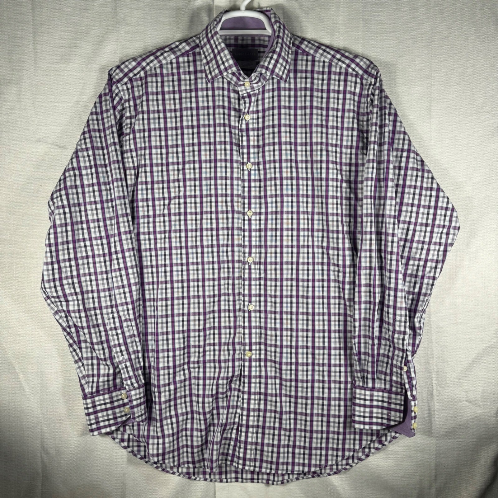 Thomas Dean Mens XL Purple White Plaid Long Sleeve Button Down Cotton Shirt