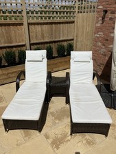 Rattan Sun Loungers Set of 2 with Side Table Garden Furniture Patio Sunbed Brown
