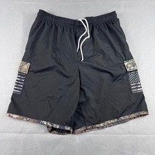 Mossy Oak Shorts Mens L Black Camo Trim USA Flag Lined Cargo Pockets Swim Trunks