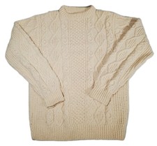 VTG Handmade Aran Wool Fisherman Cable Knit Crewneck Sweater Cream Men's M/L 